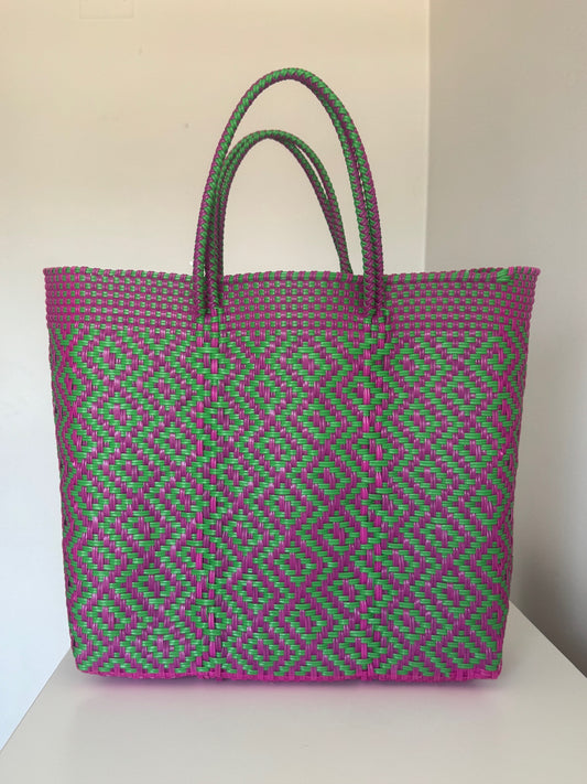 Librera Mediana Asa Corta Verde y Fucsia