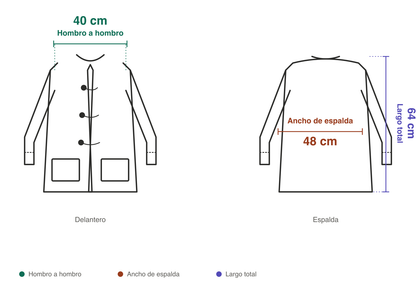 Guía de tallas: hombro a hombro 40 cm, ancho de espalda 48 cm, largo 64 cm